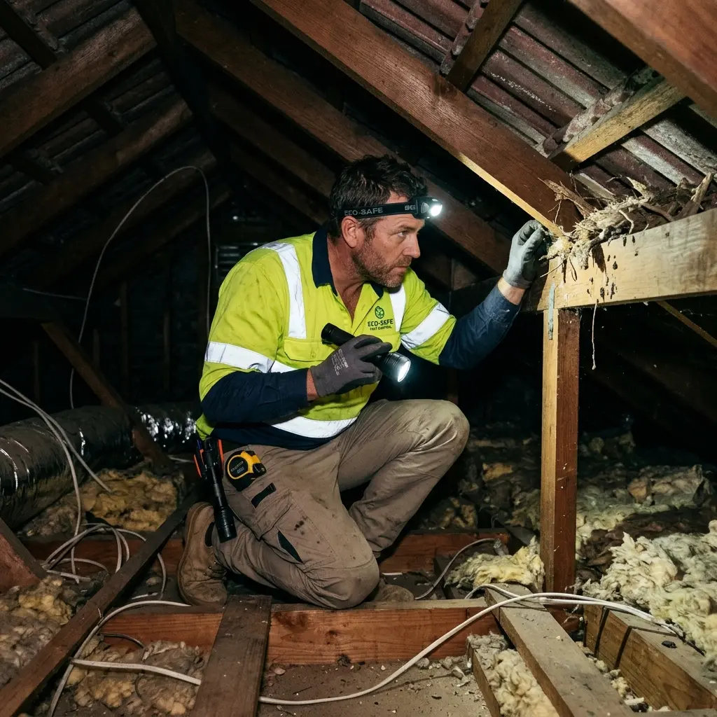 Technician inspecting a roof cavity for a dead animal in Barrabool